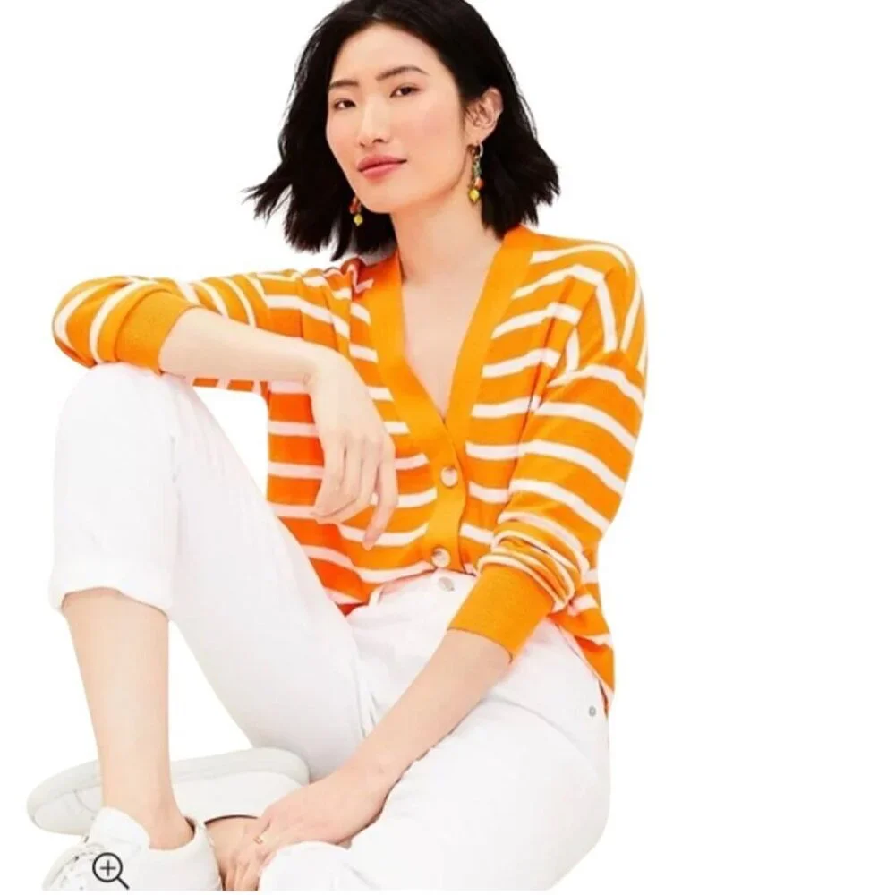 Loft Sherbet Orange White Striped V Neck Lightweight Cardigan Sweater Size L